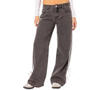 Yoisdtxc Women Baggy Boyfriend Low Rise Jeans Side Stripe Tie Bow Straight Leg Denim Trousers with Pockets Streetwear Pants (A-Black, S)