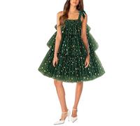 Yoisdtxc Women Christmas Tree Dress Sleeveless Tie Shoulder Strap Dresses with Star Print Layered Cake Tulle Dress (A-Dark Green, M)