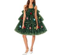 Yoisdtxc Women Christmas Tree Dress Sleeveless Tie Shoulder Strap Dresses with Star Print Layered Cake Tulle Dress (A-Green, S)