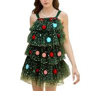 Yoisdtxc Women Christmas Tree Dress Sleeveless Tie Shoulder Strap Dresses with Star Print Layered Cake Tulle Dress (B-Green, 2XL)