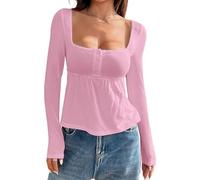 Yoisdtxc Women Cute Babydoll Tops Peplum Trim Crop Long Sleeve Top Front Button Down Square Neck Coquette Top (A-Pink, S)