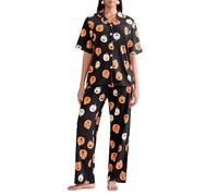 Yoisdtxc Women Halloween Pajama Set Pumpkin Print Short Sleeve Button Closure Shirt With Pants Sleepwear Loungewear (Black, XL)