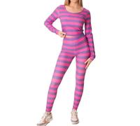 Yoisdtxc Women Halloween Party Costume Cheshire Cat Costume Striped Long Sleeve Romper Animal Cosplay Outfit (A-Fuchsia, S)