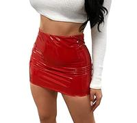 Yoisdtxc Women Neon Leather Mini Skirt Y2K Skirt PU Bodycon Short Skirt Metallic Wet Look Latex Skirt Party Clubwear (Ab Red, M)