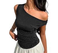 Yoisdtxc Women Off Shoulder Polka Dot Top Sleeveless Asymmetrical Ruched Tank Top (C-Black, S)