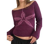 Yoisdtxc Women Off The Shoulder Y2k Sweaters, Vintage Graphic Long Sleeve Knit Shirt Slim Pullover Elegant Going Out Sweater (Lavender, S)