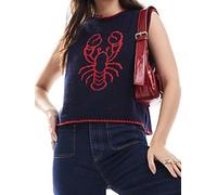 Yoisdtxc Women Ribbed Knit Sweater Vest Cherry Fish Pattern Sleeveless Crew Neck Loose Fit Pullover Tank Tops for Fall Winter (A-Blue, S)