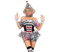 Yoisdtxc Women Sexy Halloween Clown Costume Off Shoulder Shorts Jumpsuit Sleeve Crop Top Lolita Bloome Striped Stockings Set Clown Cosplay Costume (black, L)