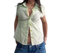 Yoisdtxc Women Striped Short Sleeve Blouse Fitted Collared Button-up Shirts Casual Summer Streetwear (Light Green, XL)