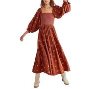 Yoisdtxc Women Summer Casual Long Dress 3D Embroidered Flowers Square Neck Puff Sleeve Dress Fashion Backless A-line Dress (C-Dirty Orange, S)