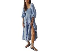 Yoisdtxc Women Summer Casual Long Dress 3D Embroidered Flowers Square Neck Puff Sleeve Dress Fashion Backless A-line Dress (C-Sky Blue, M)