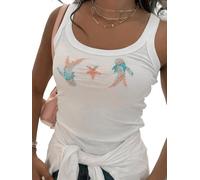 Yoisdtxc Women Summer Sleeveless Tank Top Cute Embroidered Bead Patterns U Neck Tops Slim Fit Cropped Cami for Beach (A-Carp, S)
