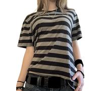 Yoisdtxc Women Summer Striped Grunge Shirt Short Sleeve V Neck Vintage Loose Fitted Casual Pullover Clothes (A-Gray, M)
