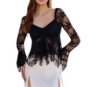 Yoisdtxc Women Y2k Lace Tops V Neck See Through Long Sleeve Top Sheer Mesh Sexy Going Out Top (A-Black, L)