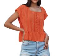 Yoisdtxc Women's Boho Square Neck Cap Sleeve Blouse Lace Trim Button Down Ruffle Hem Peplum Top Y2K Going Out Tops for Vacation (Orange, S)