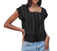 Yoisdtxc Women's Boho Square Neck Cap Sleeve Blouse Lace Trim Button Down Ruffle Hem Peplum Top Y2K Going Out Tops for Vacation (Black, S)