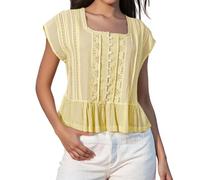 Yoisdtxc Women's Boho Square Neck Cap Sleeve Blouse Lace Trim Button Down Ruffle Hem Peplum Top Y2K Going Out Tops for Vacation (Yellow, S)