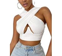 Yoisdtxc Women's Crisscross Halter Tank Tops Cut Out Crop Top Sleeveless Front Wrap Backless Cami Crop Top Y2K Bustier Corset (White, L)