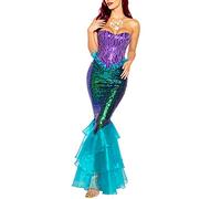 Yoisdtxc Women's Mermaid Tail Costume Princess Sequin Ruffle Long Tail Maxi Skirt for Halloween Cosplay Fancy Dress (Ba Blue, S)