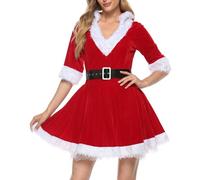 Yoisdtxc Womens Mrs Santa Claus Costume Makeup Christmas Dress V-Neck Velvet Christmas Hooded Cosplay Dress (A-Red, S)