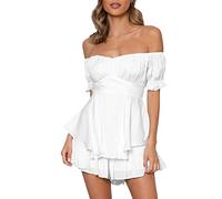 Yoisdtxc Women's Retro Fairy Lace Mini Skirt Off Shoulder Backless Ruffles Solid Color Y2K Tube Top Dress Street Wear (B-White, L)