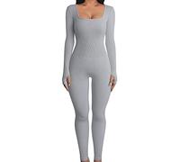 Yoisdtxc Women's Sexy Open Back Jumpsuit Square Neck Solid Color Jumpsuit Leggings Long Sleeve Straight Leg Wide Leg Jumpsuit (A-Light grey, M)
