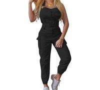 Yoisdtxc Women's Sleeveless Stretch Adjustable Denim Overalls Jumpsuit Waistband Ankle Tie Loose Cargo Pants with Pockets (A-Black, XL)