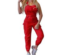 Yoisdtxc Women's Sleeveless Stretch Adjustable Denim Overalls Jumpsuit Waistband Ankle Tie Loose Cargo Pants with Pockets (A-Red, L)