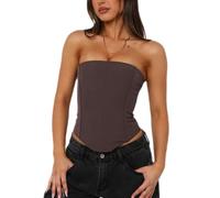 Yoisdtxc Women's Strapless Corset Tube Top Y2K Asymmetrical Hem Bustier Crop Top for Party Club & Casual Wear (Coffee, L)