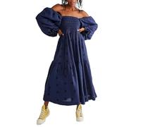 Yoisdtxc Women's Summer Casual Long Dress 3D Embroidered Flowers Square Neck Puff Sleeve Fashion Backless A-line Dress (C-Navy Blue, S)