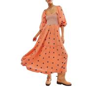 Yoisdtxc Women's Summer Casual Long Dress 3D Embroidered Flowers Square Neck Puff Sleeve Fashion Backless A-line Dress (Orange Red, S)