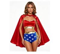 Yoisdtxc Women's Super Hero Costume Camisole Star Short and Red Cloak Cosplay Set (A-Red, L)
