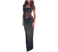 Yoisdtxc Womens Y2K Two Piece Skirt Outfit Mesh Long Skirt Co Ord Sets Lace Tie Up Crop Tube Top Bodycon Maxi Skirts Going Out Outfits (A Black, M)