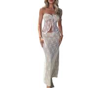 Yoisdtxc Womens Y2K Two Piece Skirt Outfit Mesh Long Skirt Co Ord Sets Lace Tie Up Crop Tube Top Bodycon Maxi Skirts Going Out Outfits (A White, M)