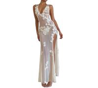 Yoisdtxc Y2k Women See Through Mesh Long Dress Sleeveless 3D V Neck Flower Maxi Dress Slit Party Dress for Cocktail Beach Club (White, M)