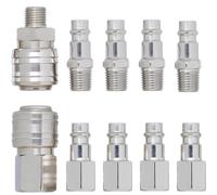 YoiYee 10Pcs Euro Airline Hose Connector Kit, 1/4" BSP Quick Couplings | Hardened steel material, nickel-plated finish, built-in shut-off valve, 12mm-19mm hex dimensions, fits pneumatic air tools