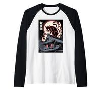 Yokai Cat Spirit Japanese Ghost with Flames Full Moon Raglan Baseball Tee