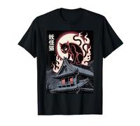 Yokai Cat Spirit Japanese Ghost with Flames Full Moon T-Shirt