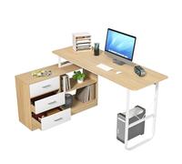 Yokawe Corner Computer Desk with 3 Drawers and 2 Shelves, 140cm x 100cm x 75cm Large L-Shaped Writing Desk, Writing Table with Storage Shelf for Home Office 140cm