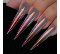 Yokefellow GleamTap Cushion Aurora Chrome Nail Powder - Mermaid Aurora Effect,Nail Art Glitter Decoration for Home DIY Salon Manicure (Green Blue with Pink Coral Sheen/GT118 Blush Tide
