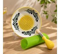 Yokiiimakiii Ceramic Garlic Grater Plate Set - Hand-Painted Floral 4-Piece Set with Silicone Peeler, Cleaning Brush & Display Stand - Porcelain Grater Dish for Garlic & Ginger (Yellow)