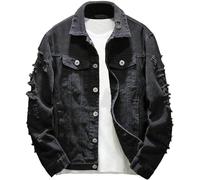YoKima Men's Distressed Denim Jacket Casual Ripped Holes Button Down Trucker Jacket Jean Coat(Black,Medium)