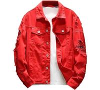 YoKima Men's Distressed Denim Jacket Casual Ripped Holes Button Down Trucker Jacket Jean Coat(Red,Small)