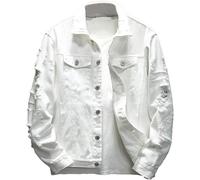 YoKima Men's Distressed Denim Jacket Casual Ripped Holes Button Down Trucker Jacket Jean Coat(White,Large)