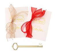 YOKIVE Wedding Day Vow Card Set, (7.87 x 5.51-Inch, Red/Gold), Vow Card with Key Shape Pen for Her & Him Ribbon Version C, Gold Foil, Great Gift for Bride Groom Bridal Wedding