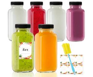 Yokodaza 8 oz Glass Juice Bottles with Lids 6-Pack - Reusable Small Juice Drinking Jars for Green Juices, Shots & Smoothies