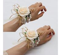 Yokoke 2 Corsages, Handmade Artificial Peony Rose Wrist Corsage Wristlet Wedding Prom Suit Decorations (2 Gold Wrist Corsage)