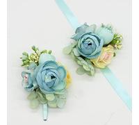 YOKOKE Corsage and Boutonniere Set, Handmade Artificial Peony Rose Wrist Corsage Wristlet and Groom Boutonniere for Men Wedding Prom Suit Decorations (Blue)