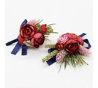 YOKOKE Corsage and Boutonniere Set, Handmade Artificial Peony Rose Wrist Corsage Wristlet and Groom Boutonniere for Men Wedding Prom Suit Decorations (Burgundy Red Navy Blue)