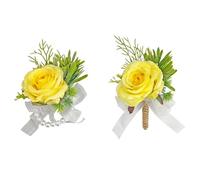 YOKOKE Corsage and Boutonniere Set, Handmade Artificial Peony Rose Wrist Corsage Wristlet and Groom Boutonniere for Men Wedding Prom Suit Decorations (Yellow & Green)